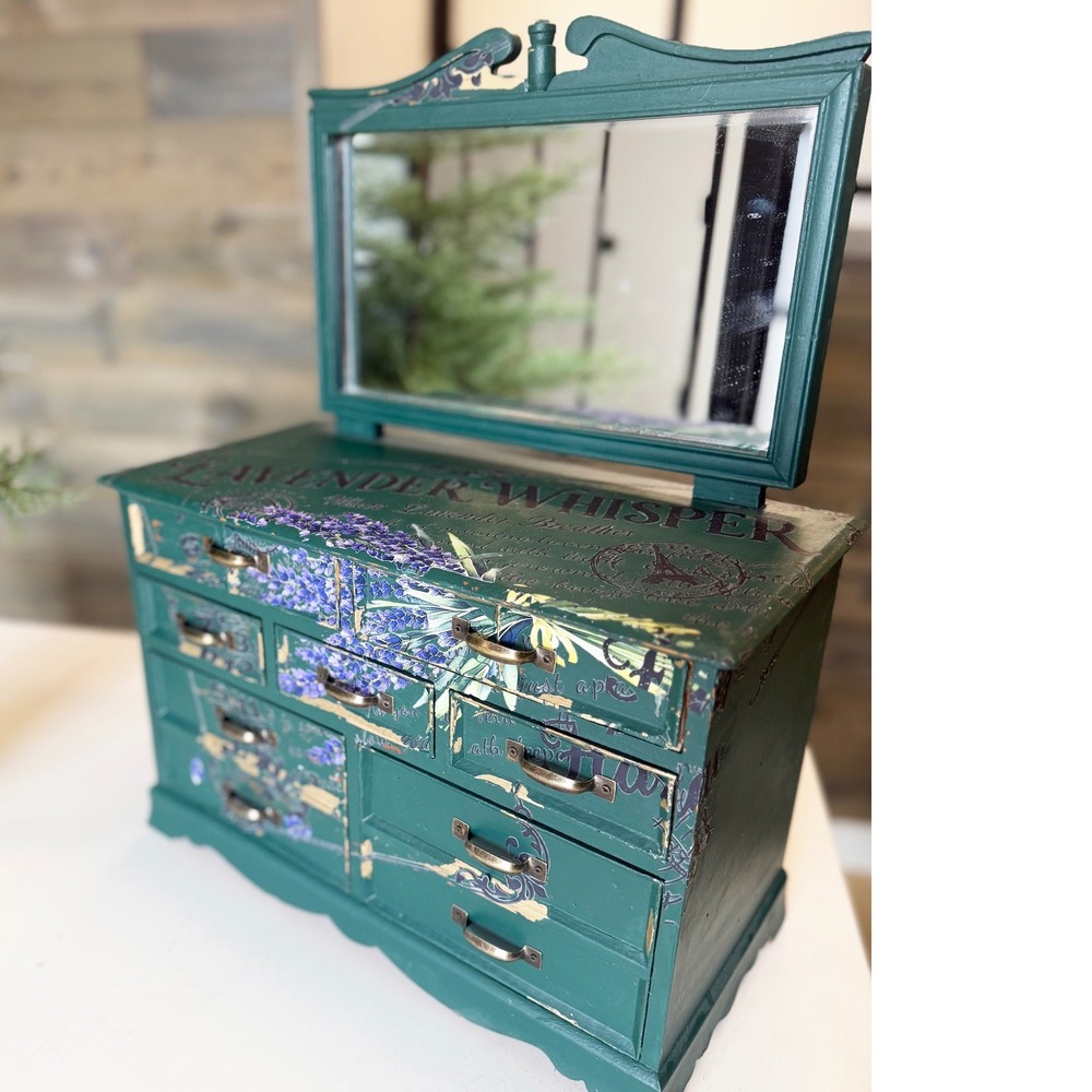 Vintage Hand Painted Jewelry Box Lavender Whisper Green Floral Mirror 7 Draw